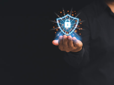 Data encryption. Businessman protecting data personal information on a virtual interface. Padlock...