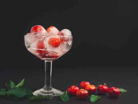 Wine glass with a fresh cherry on ice. Refreshing cold drink. Summer party. Ripe red acerola cherries and green leaves on a table. High vitamin C fruitsの写真素材