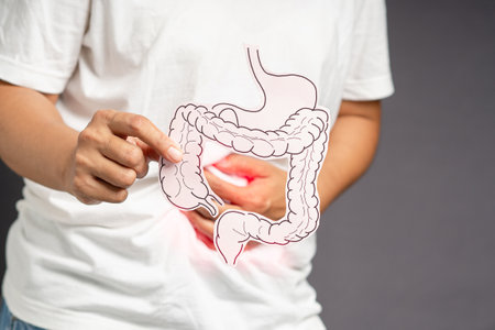 Person showing a large intestine diagram on a white shirt with highlighted area indicating digestive system concerns. Close-up photoの写真素材