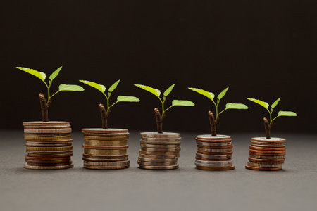 Business investment profit and dividend money from saving concept. Tree growing on a pile of coins...