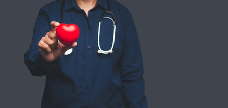 Cardiology concept. Close-up of hand doctor holding a red heart shape while standing on gray background in the hospital. Space for text. Close-up photo. Health and medical conceptualの写真素材