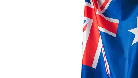A Close-up of the Australian flag is right on a white background with copy space for textの写真素材