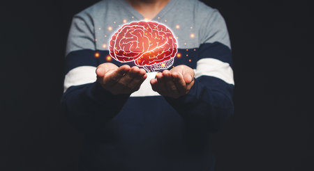 Brain on the palm. Artificial Intelligence, AI Technology. Mental health protection and care....