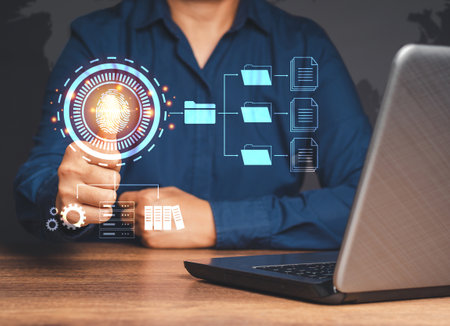 Close-up of finger scan a fingerprint biometric identity to access personal data. Security and password control through fingerprints in an immersive technology futureの写真素材