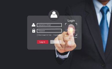 Close-up of hand scan fingerprint biometric identity to access personal data in the computer. The future of security and password control through fingerprints in an immersive technology futureの写真素材