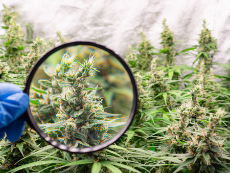 Mature cannabis plants are ready for harvest in a greenhouse. Indoor medical marijuana. Legal cannabis plants. Concept of cannabis plantation for medical and business. Close-up photoの写真素材