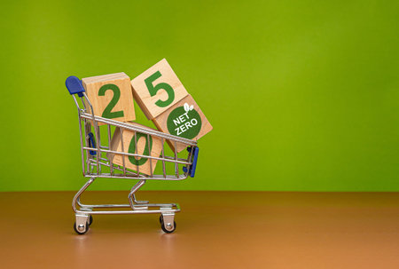 Net-zero emissions in 2050. Save the earth and environment, and be carbon neutral. Wooden cubes with letters 2050 and Net-zero icons. World Earth Day conceptの写真素材