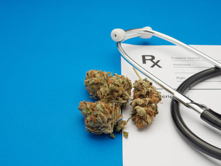 Dry marijuana buds flower with a stethoscope over the medical prescription sheet on a blue background. Close-up photo. Concept of herbal, medical, healthcare, and businessの写真素材