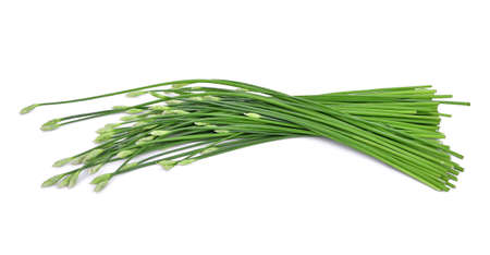 fresh chinese chives isolated on whiteの写真素材