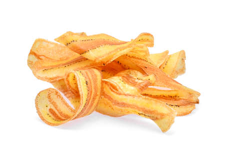 salted dried banana slices isolated on white backgroundの写真素材