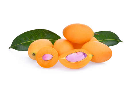 marian plum fruit with leaves isolated on white backgroundの写真素材