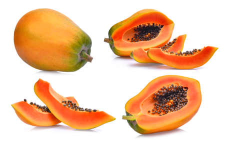 set of fresh ripe papaya isolated on white backgroundの写真素材