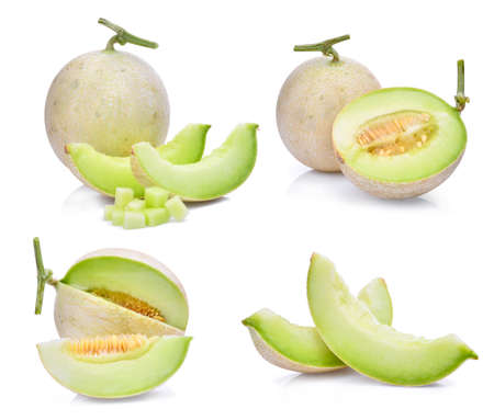 set of green cantaloupe melon with slice and cubes isolated on white backgroundの写真素材