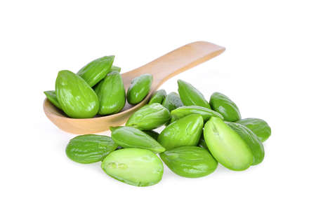 pile of sato, parkia speciosa seeds or bitter bean in wooden spoon isolated on white backgroundの写真素材