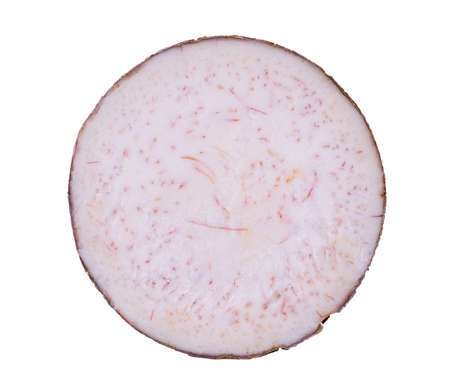 half cut of taro root isolated on white backgroundの写真素材