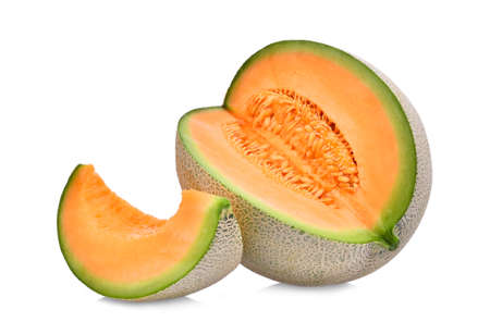 whole and slice of japanese melons, orange melon or cantaloupe melon with seeds isolated on white backgroundの写真素材