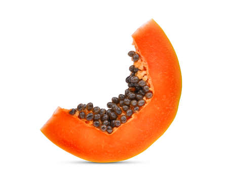 sliced ripe papaya with seeds isolated on white backgroundの写真素材