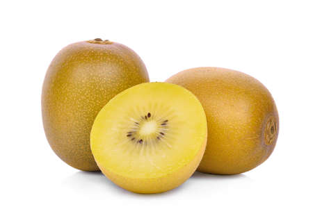 whole and half of yellow or gold kiwi fruit isolated on white backgroundの写真素材