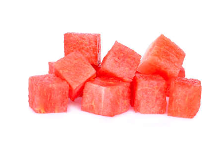 cube of red watermelon isolated on white backgroundの写真素材