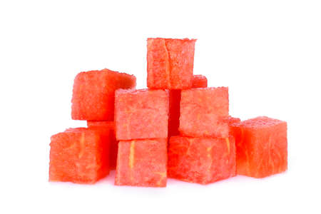 cube of red watermelon isolated on white backgroundの写真素材