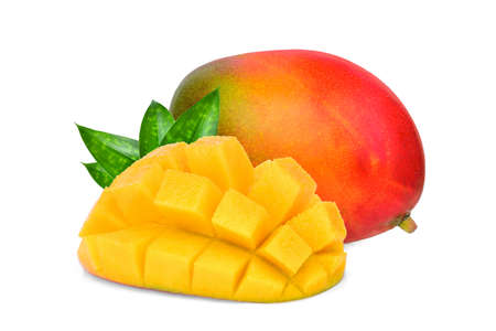 whole and slice ripe mango fruit with green leaves isolated on white backgroundの写真素材