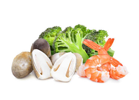 broccoli,shrimps,straw mushroom  isolated on white backgroundの写真素材