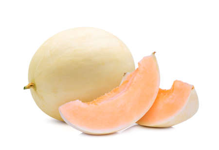 whole and slices honeydew cantalupe melon(sunlady) isolated on white backgroundの写真素材