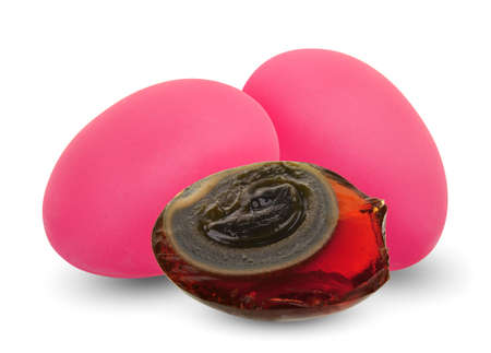 century egg or preserved duck eggs isolated on white backgroundの写真素材