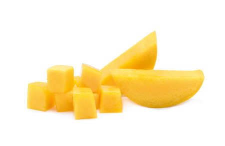 sliced ripe mango with cubes isolated on white backgroundの写真素材