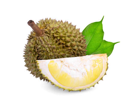 durian tropical fruit with green leaf isolated on white background