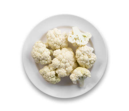 cauliflower vegetable in the white plate isolated on white background, top view, flat layの写真素材