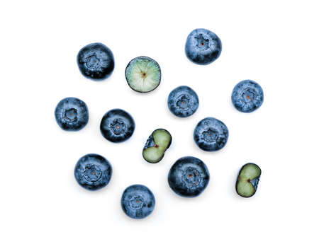 blueberry isolated on white background, top view, flat layの写真素材
