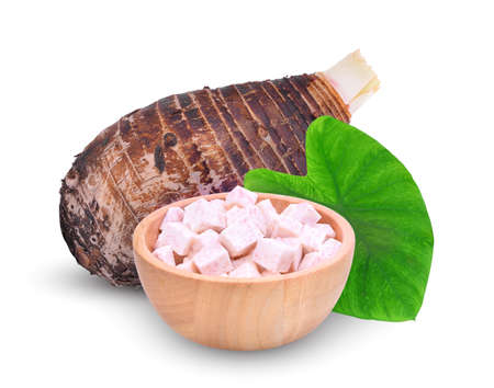 taro root with leaf isolated on white backgroundの写真素材