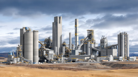 A large industrial facility showcases silos and machinery against a dramatic sky. This image highlights modern manufacturing processes and urban development.の素材