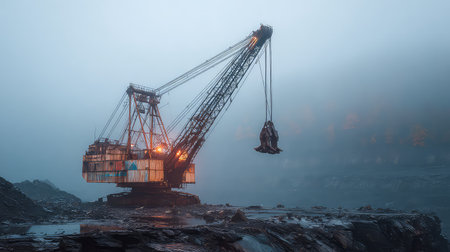 A heavy excavator stands in a foggy quarry at dawn, highlighted by dramatic lighting that enhances the industrial atmosphere, capturing the essence of construction.の素材