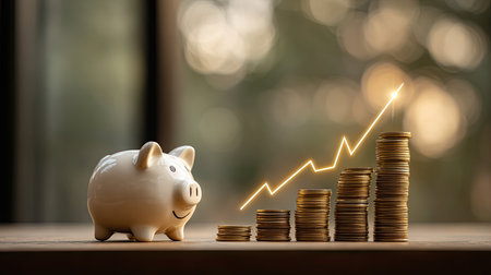 A charming piggy bank sits next to stacks of coins, symbolizing financial growth and prosperity. An upward arrow enhances the visual appeal, suggesting success.の素材