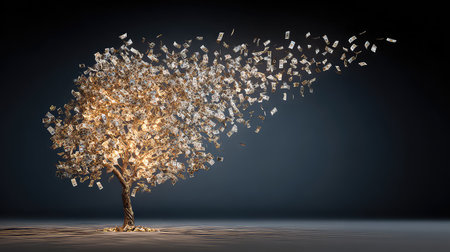 Explore a unique artistic vision of a tree made of money, with bills swirling through the air. This surreal image represents wealth, growth, and limitless possibilities. Perfect for themes of finance and abundance.の素材