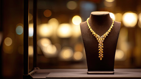 This captivating gold necklace is showcased on a black bust, highlighting its intricate design against a softly blurred backdrop of warm lights.の素材