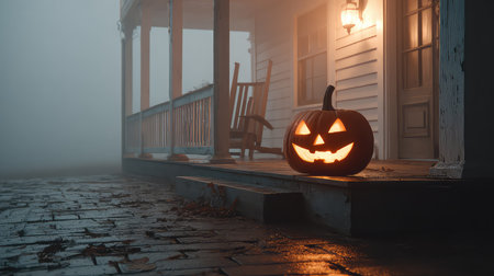 A hauntingly beautiful Halloween scene featuring a glowing Jack-o'-lantern on a rustic porch. The surrounding mist creates an eerie but inviting atmosphere, perfect for autumn festivities.の素材