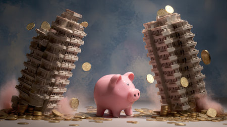 This image captures the concept of finance with a pink piggy bank placed between two modern apartment buildings, surrounded by scattered coins, symbolizing savings and investment.の素材