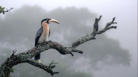 A striking bird stands on a moss-covered branch in a foggy forest, embodying the serenity and beauty of wildlife in its natural habitat.の素材