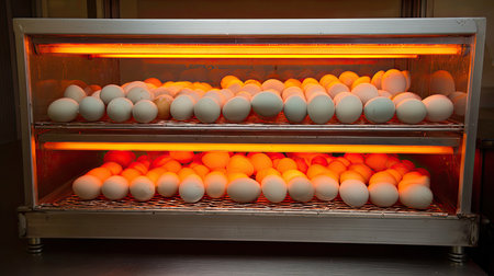 This image showcases a modern incubator filled with white eggs, illuminated by warm lighting, ideal for agricultural purposes and poultry production.の素材