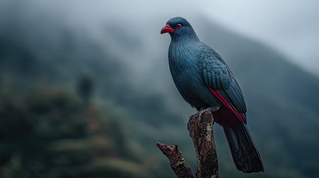 A striking blue bird rests gracefully on a branch, surrounded by a lush misty mountain backdrop, showcasing natureの素材