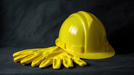 A bright yellow safety helmet paired with protective gloves rests on a dark background, emphasizing industrial safety and essential work gear.の素材