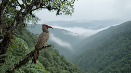 A stunning image captures a majestic bird perched on a branch with a breathtaking view of misty mountains. The serene wilderness and lush greenery create a tranquil atmosphere, inviting nature lovers and explorers.の素材