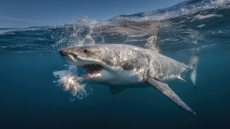 A captivating image of a great white shark breaching the ocean surface, showcasing its powerful presence in the deep blue. This underwater scene highlights the beauty and thrill of marine wildlife, perfect for educational or inspirational use.の素材