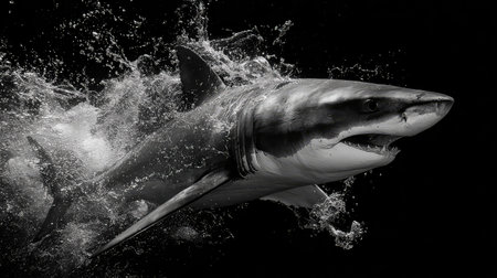 A striking black and white image of a shark in motion, capturing the beauty and power of this marine predator amidst splashing water in the ocean.の素材