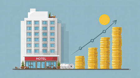 This illustration depicts a modern hotel, symbolizing growth in the tourism industry. A chart alongside stacks of coins highlights investment success.の素材