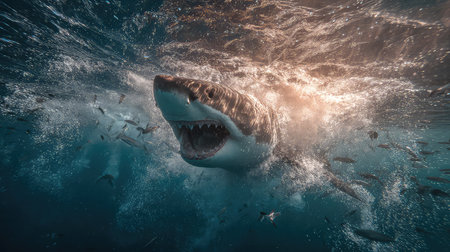This stunning underwater image captures a great white shark as it emerges from the depths, showcasing its powerful jaws and the vibrant energy of marine life around it.の素材