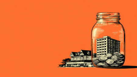 This illustrative image symbolizes the concept of saving money, featuring a jar filled with coins and two distinct houses representing different architectural styles.の素材